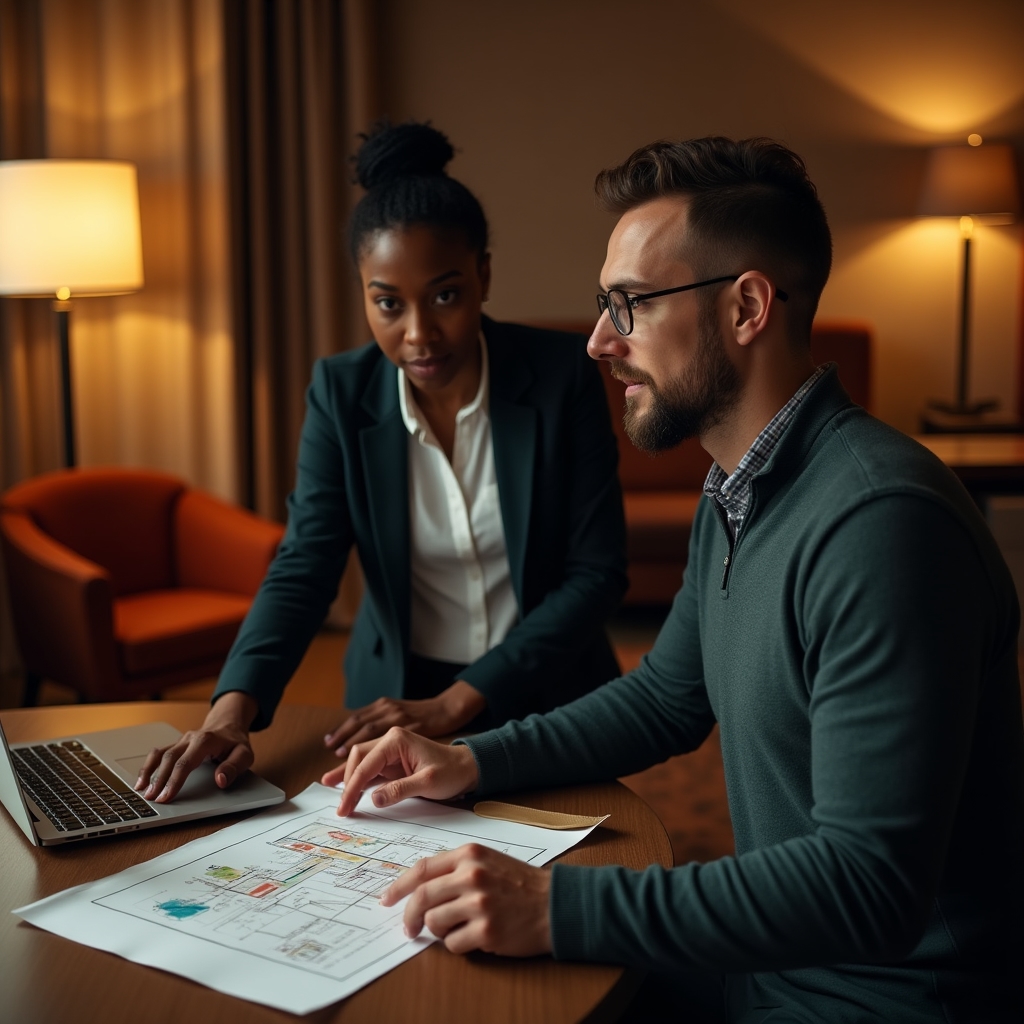 Consultant and warehouse manager reviewing workflow diagrams during a planning meeting