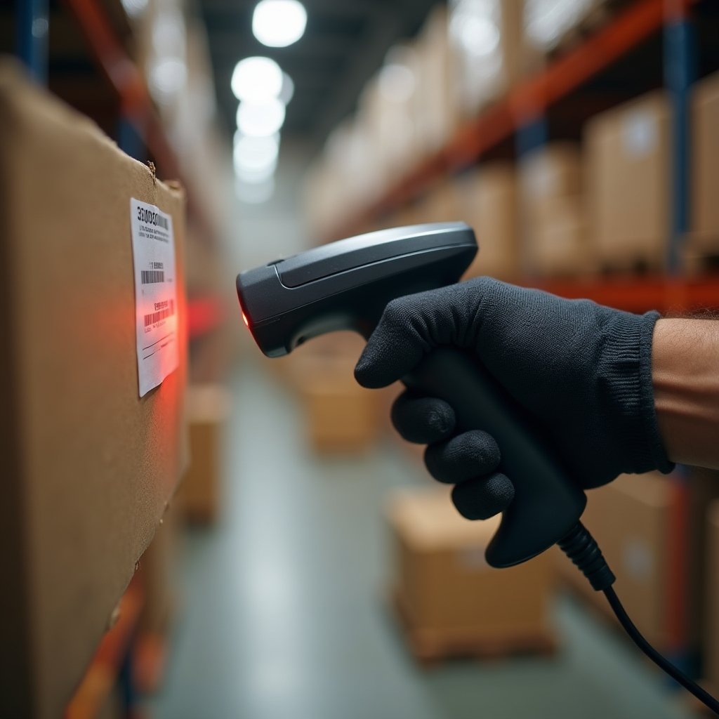 Close-up of a warehouse worker scanning a barcode label on a storage box