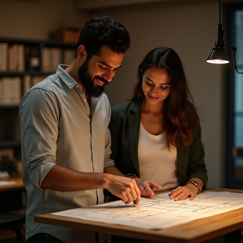 Two consultants discussing warehouse layout plans over a printed diagram