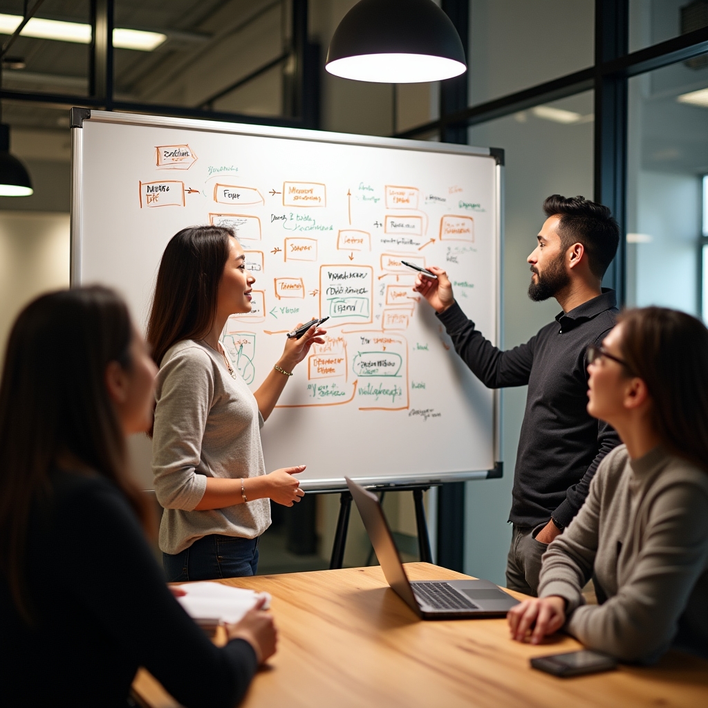 Team gathered around a whiteboard mapping a warehouse workflow diagram