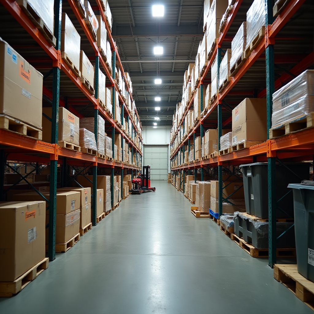 Rows of pallet racking in a small regional distribution warehouse