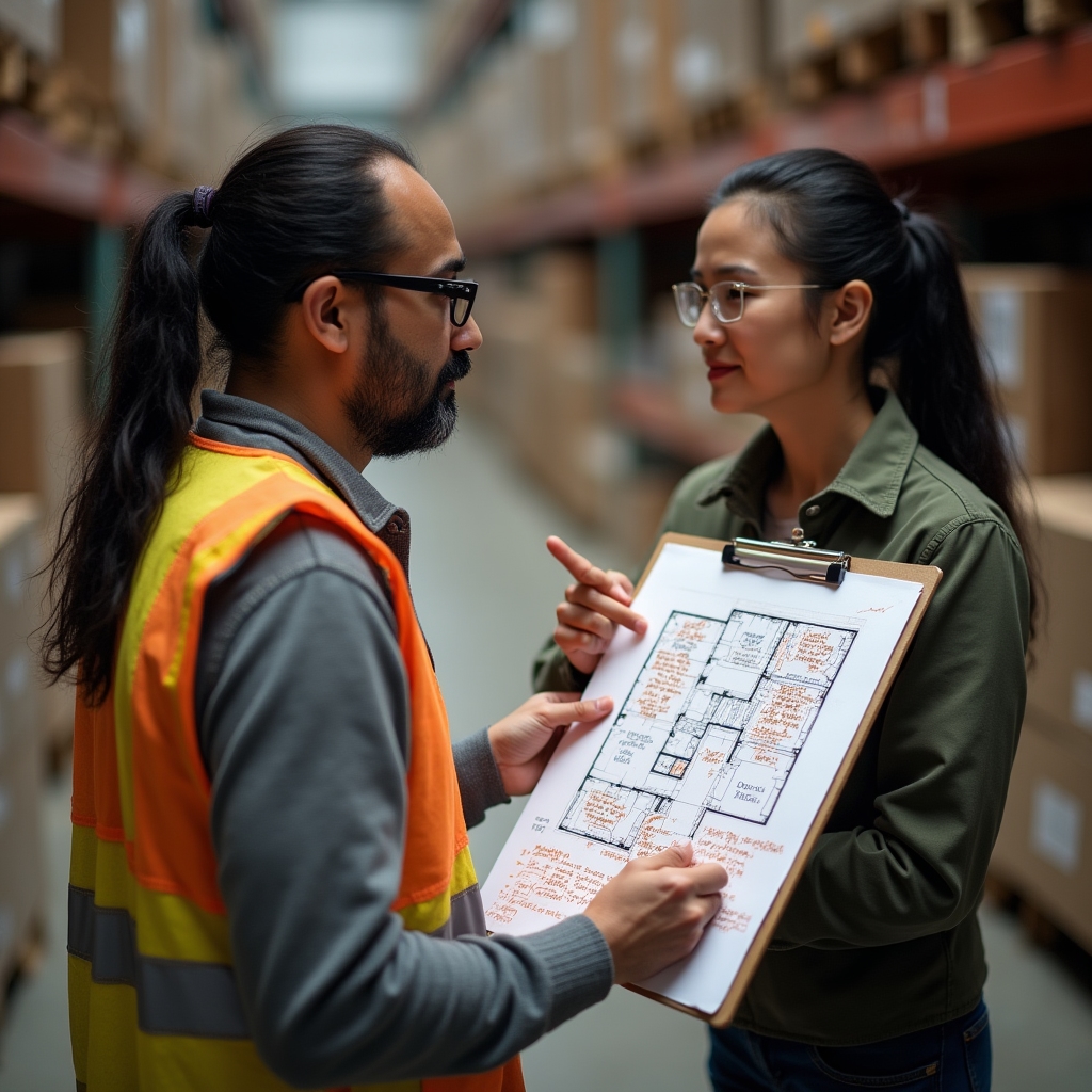 Warehouse supervisor pointing at a printed floor plan marked with workflow notes